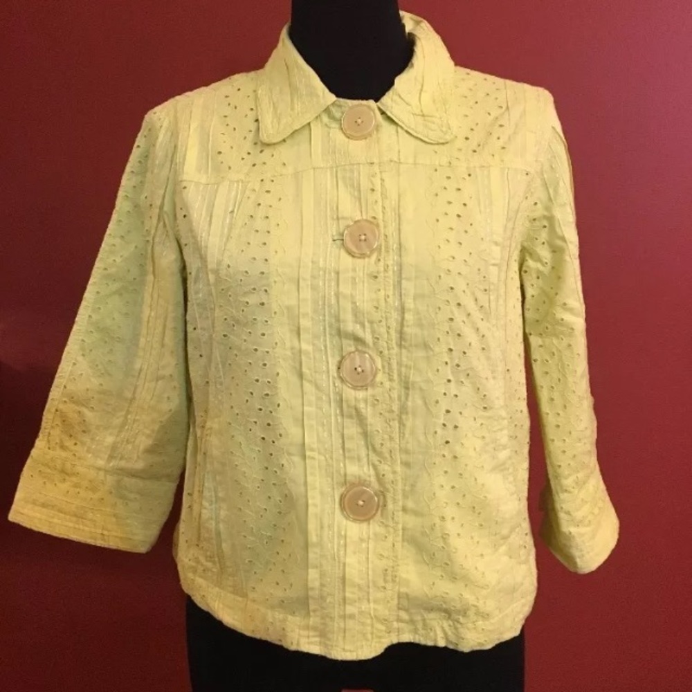 Chico’s Sz 1 Yellow Eyelet Top Cotton 3/4 Sleeve